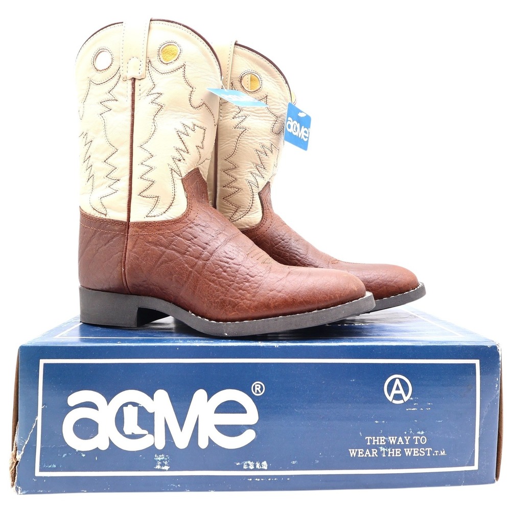 Acme Vintage Cowboy Boots Boys 2 Brown Cream Bullhide Roper NWT Deadstock